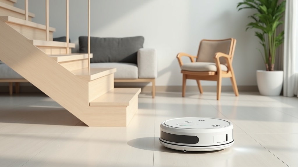 Futuristic robot vacuum with a robotic arm near a staircase
