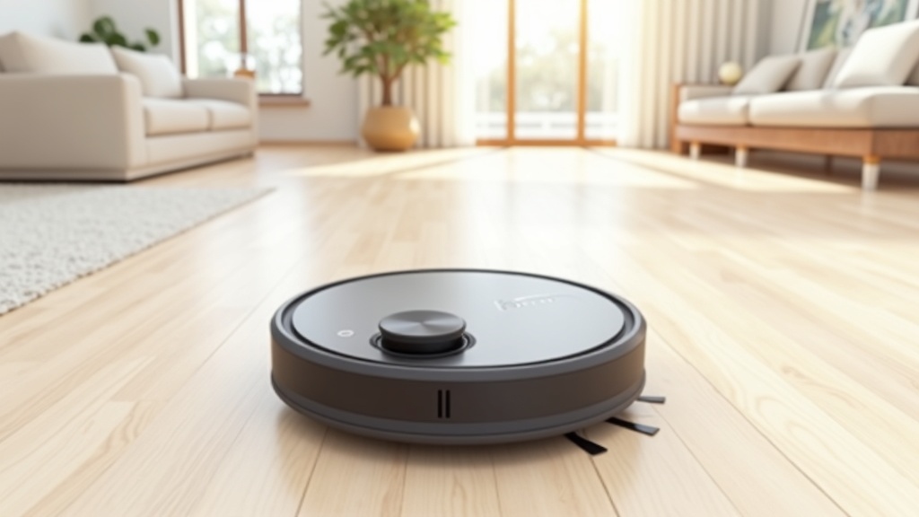 Round robot vacuum on hardwood floor beside its dock