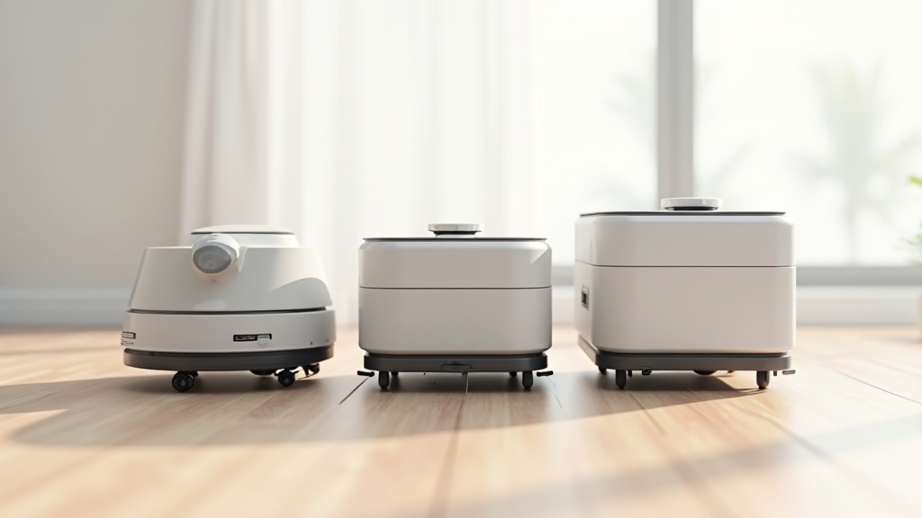 Three robot vacuums lined up on a hardwood floor