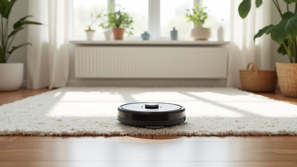 Robot vacuum stuck on the edge of a rug on hardwood floor