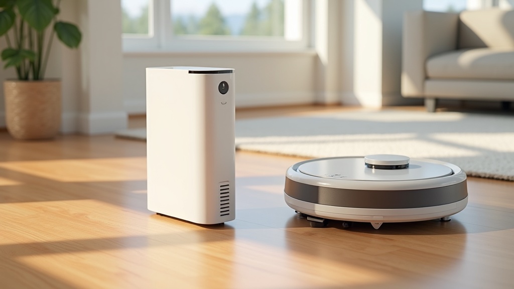Robot vacuum beside a Wi-Fi router on the floor