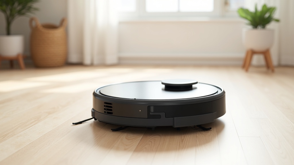 High-end robot vacuum with an extending robotic arm on hardwood floor