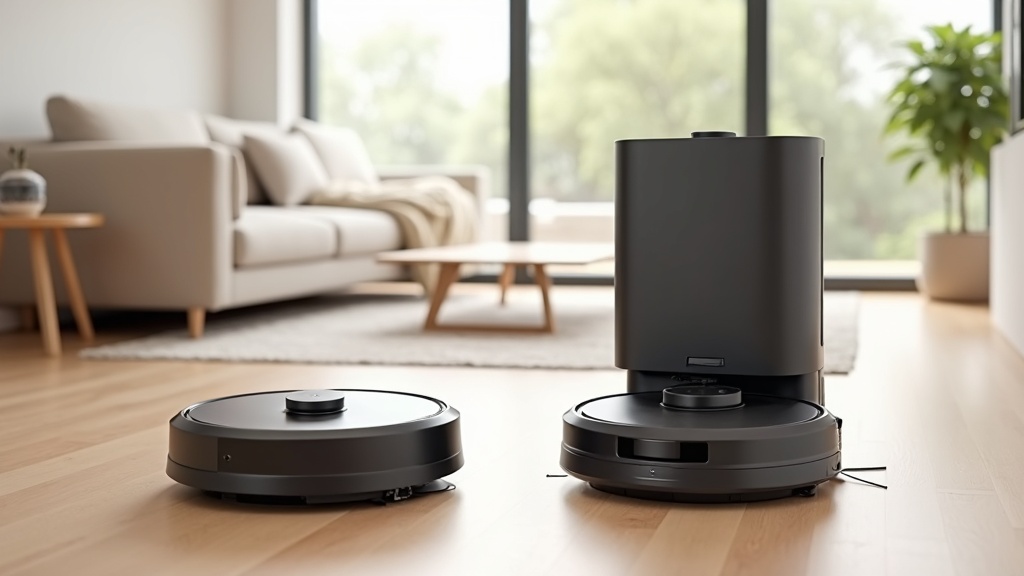 Two flagship robot vacuums with docks side by side on hardwood floor