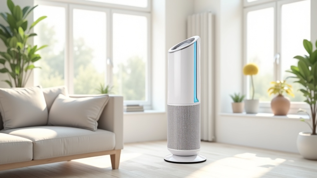 Tall modern air purifier in a bright living room