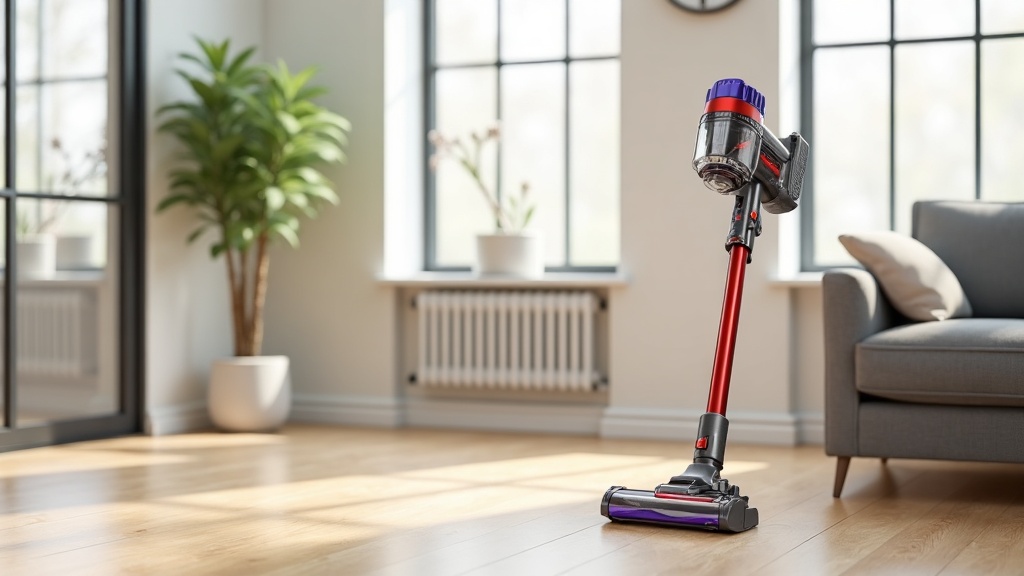 Convertible stick vacuum standing in a modern living room