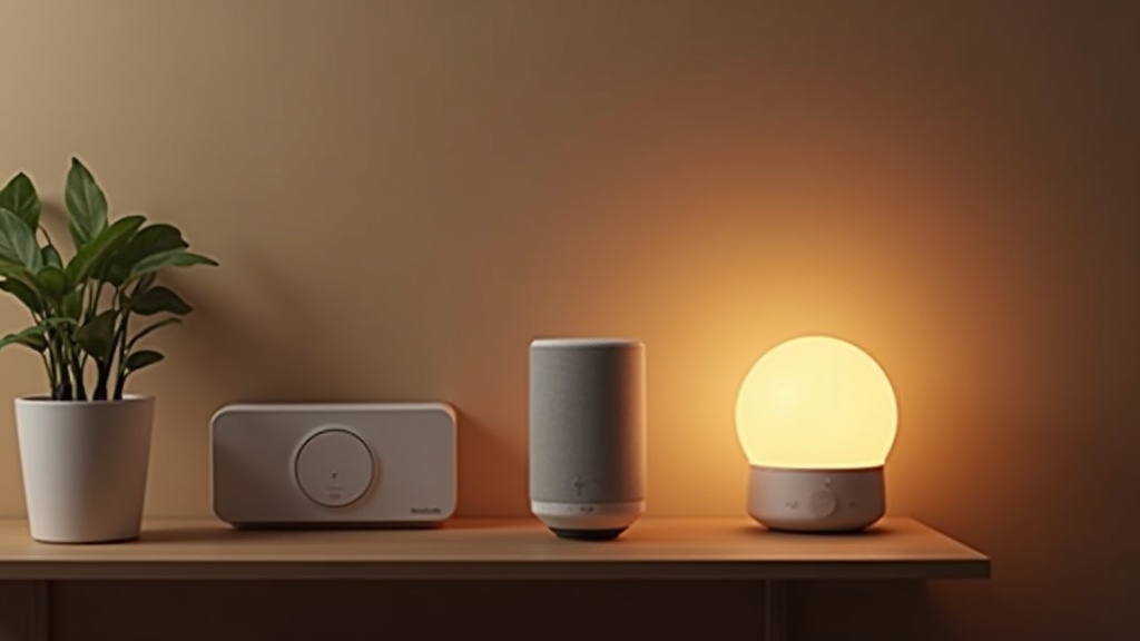 Smart home devices including a speaker, smart plug and bulb on a shelf
