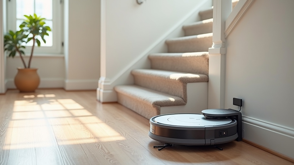 Robot vacuum at the base of a staircase in a modern home