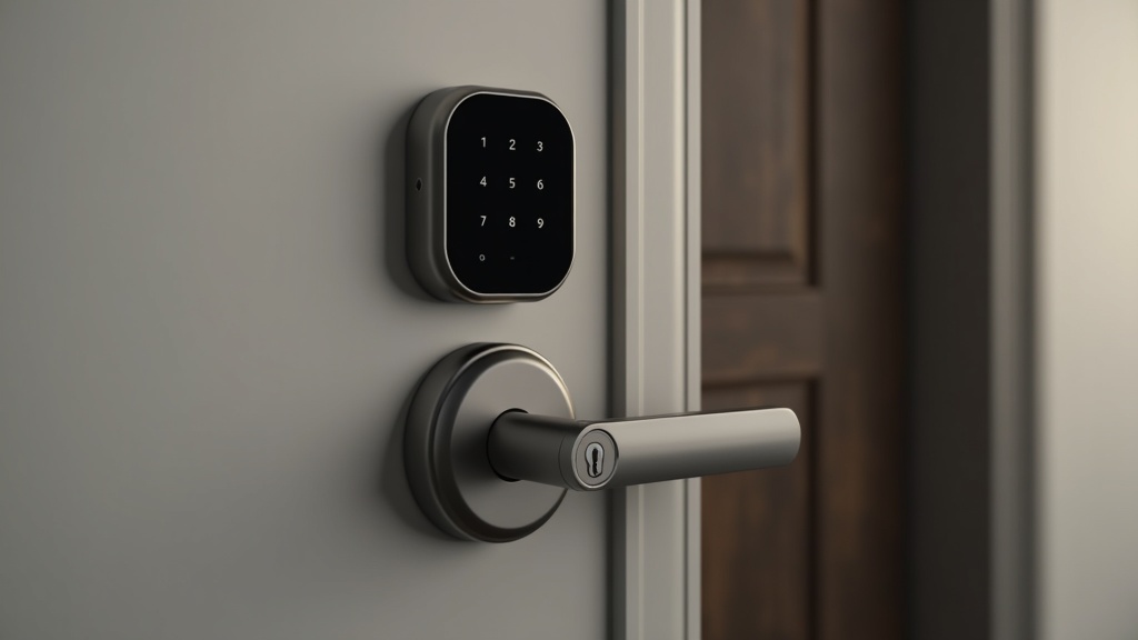 Modern smart deadbolt lock with a keypad on a front door