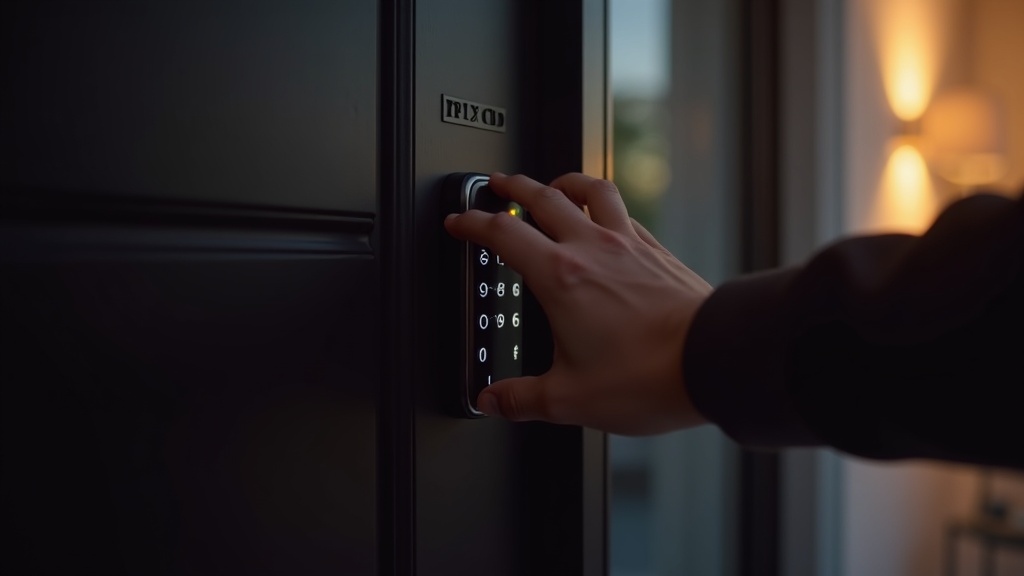 Modern smart deadbolt lock on a front door at dusk