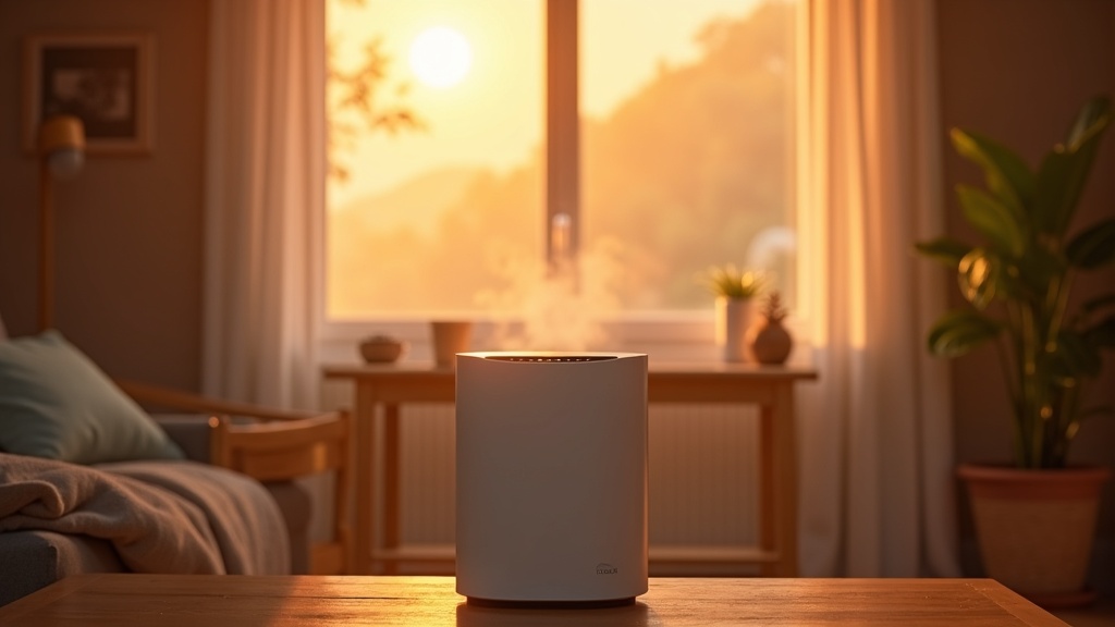 Air purifier running in a living room with hazy wildfire smoke outside the window
