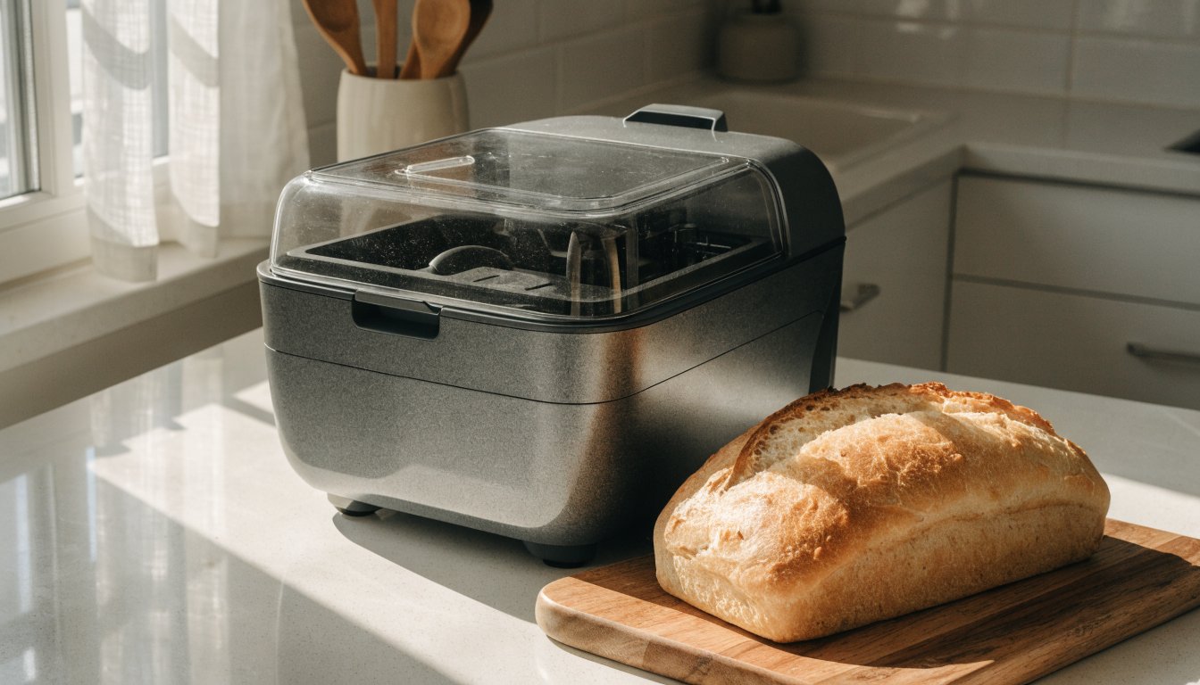 Countertop bread maker with a fresh baked loaf on a kitchen counter