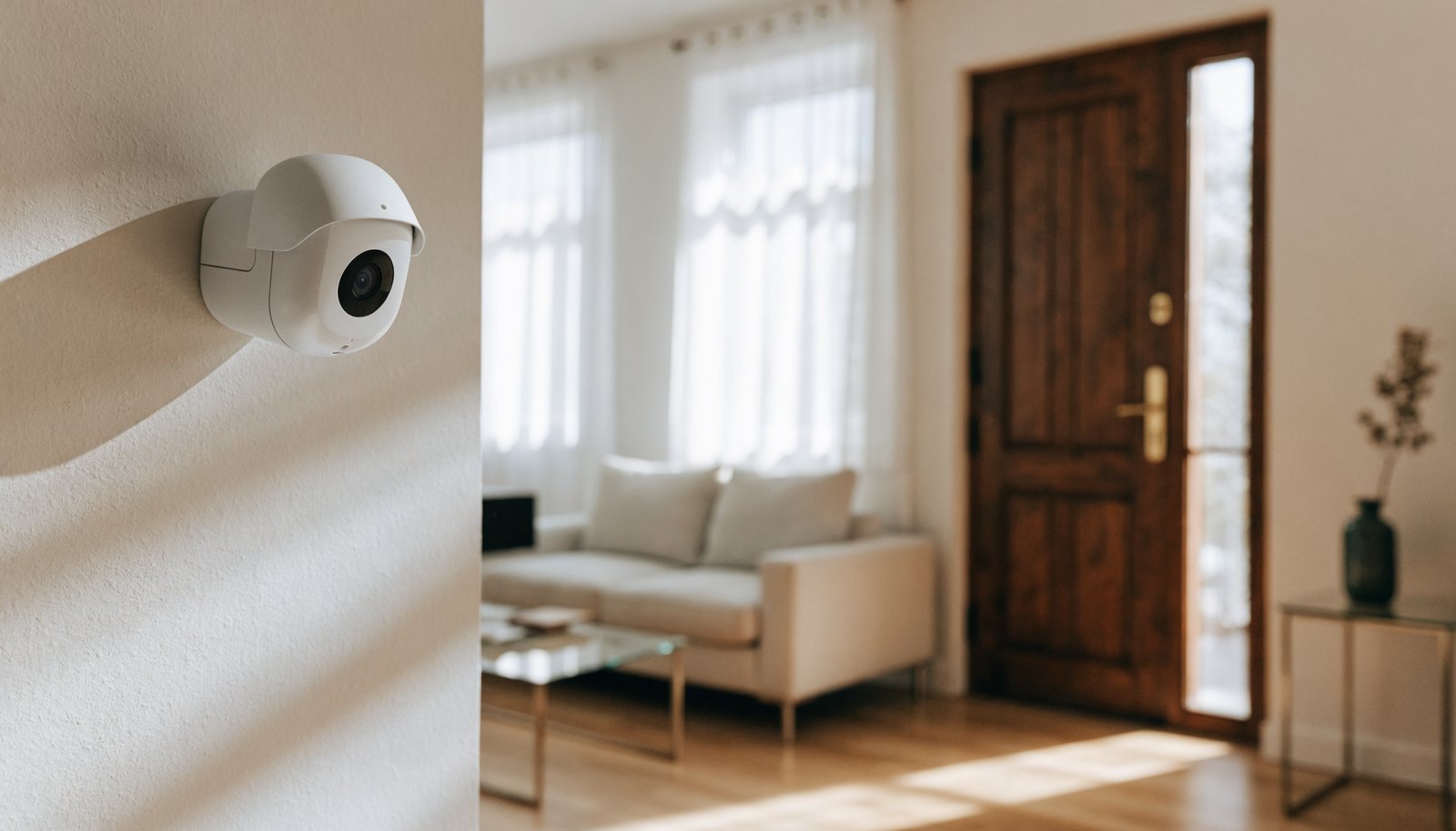White wireless home security camera mounted on a wall overlooking a living room