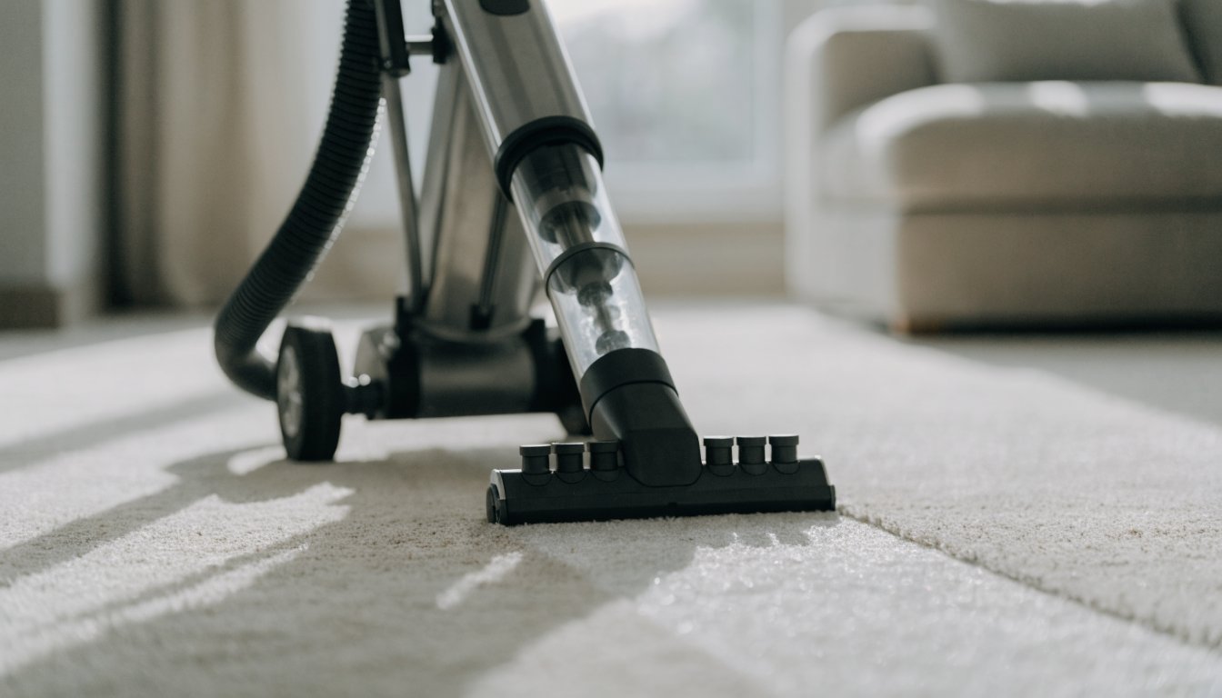 Upright carpet cleaner deep-cleaning a living room carpet