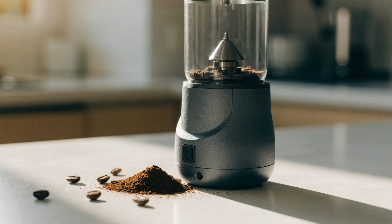 Electric burr coffee grinder with fresh grounds and whole beans on a kitchen counter