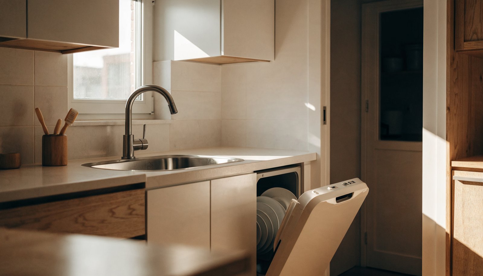 Compact countertop dishwasher in a bright modern apartment kitchen