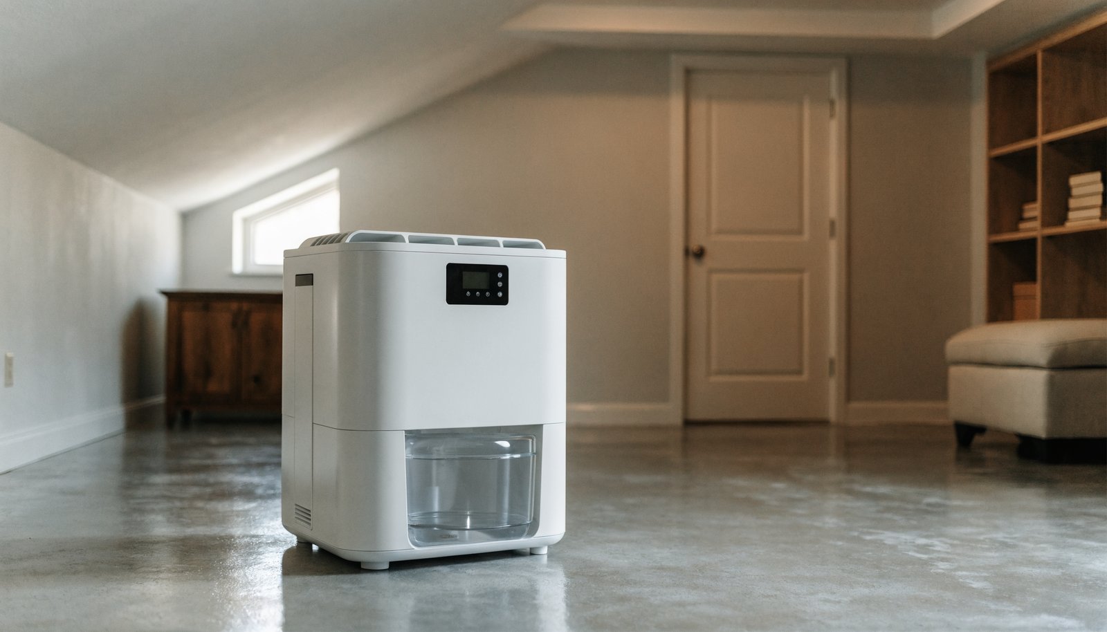 Modern white dehumidifier with water collection tank in a finished home basement