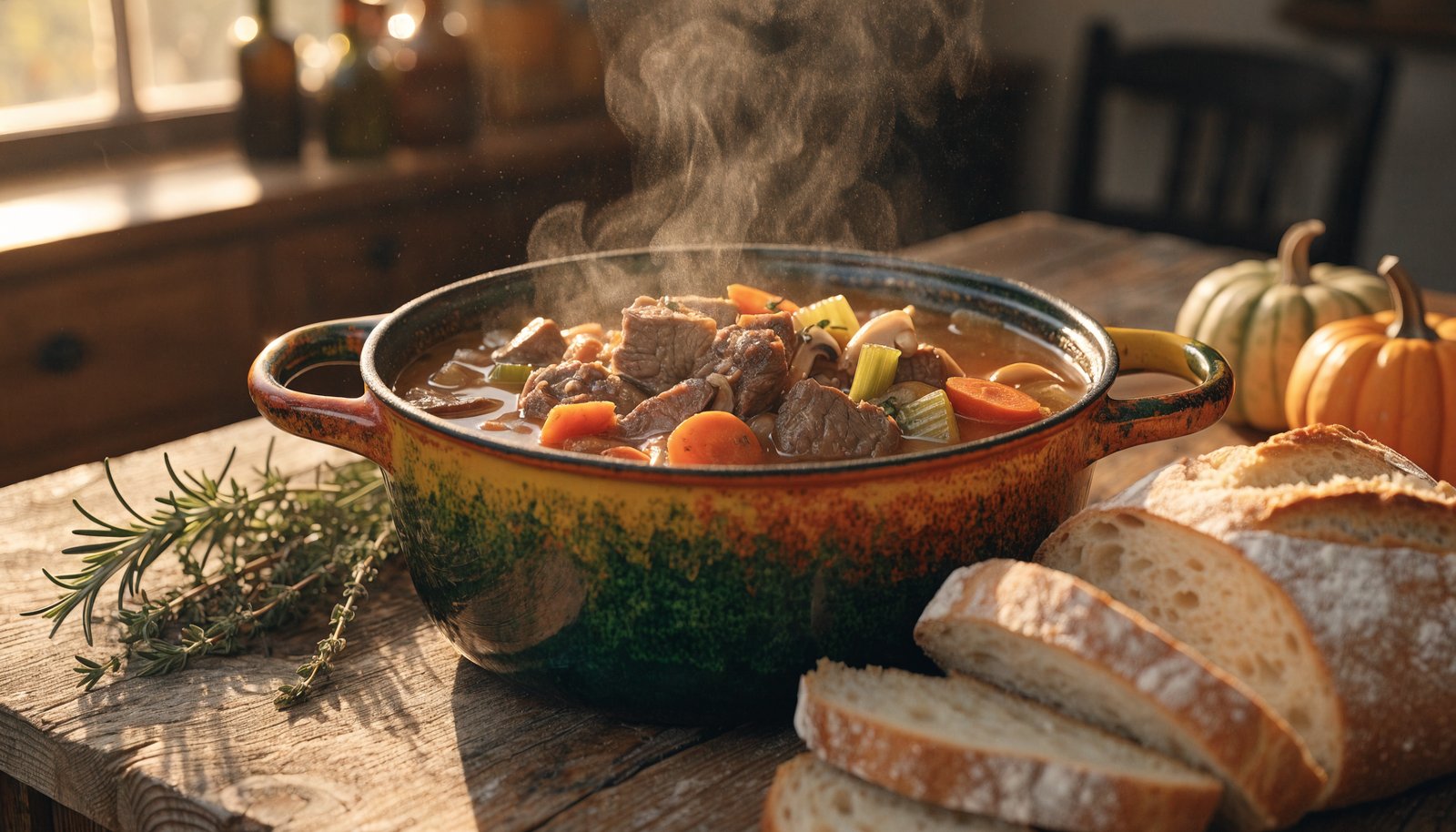 Enameled cast iron Dutch oven with beef stew on a rustic autumn kitchen table