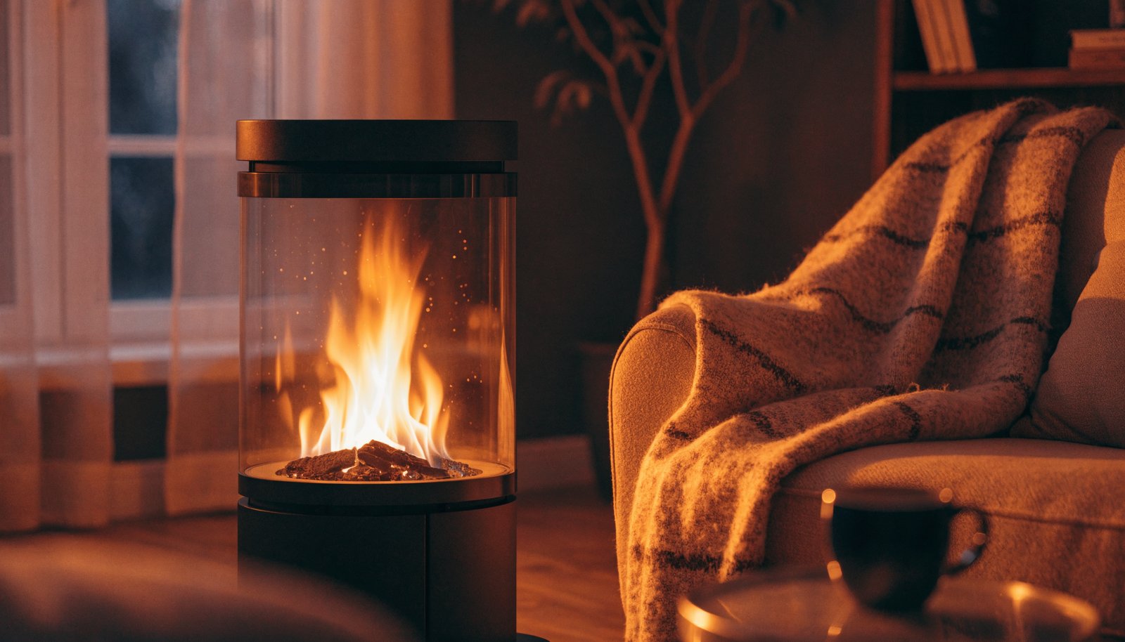Modern electric fireplace stove with glowing flames in a cozy winter living room