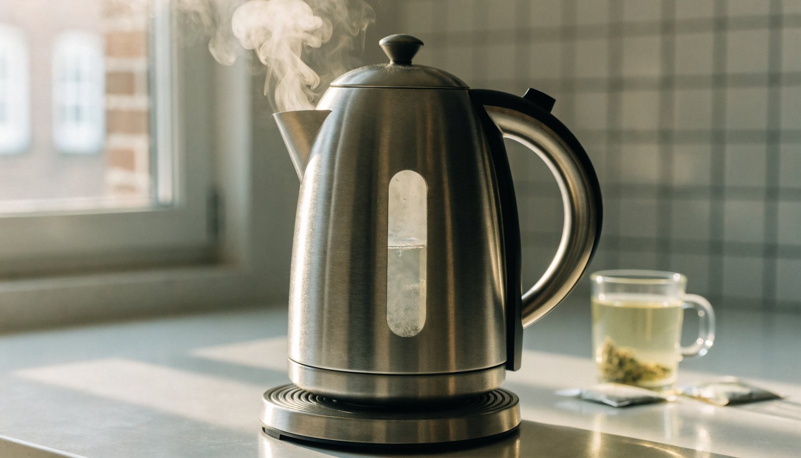 Stainless steel electric kettle boiling water with steam on a kitchen counter