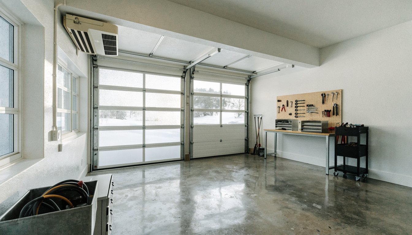 Wall-mounted garage heater in a clean modern winter garage workshop
