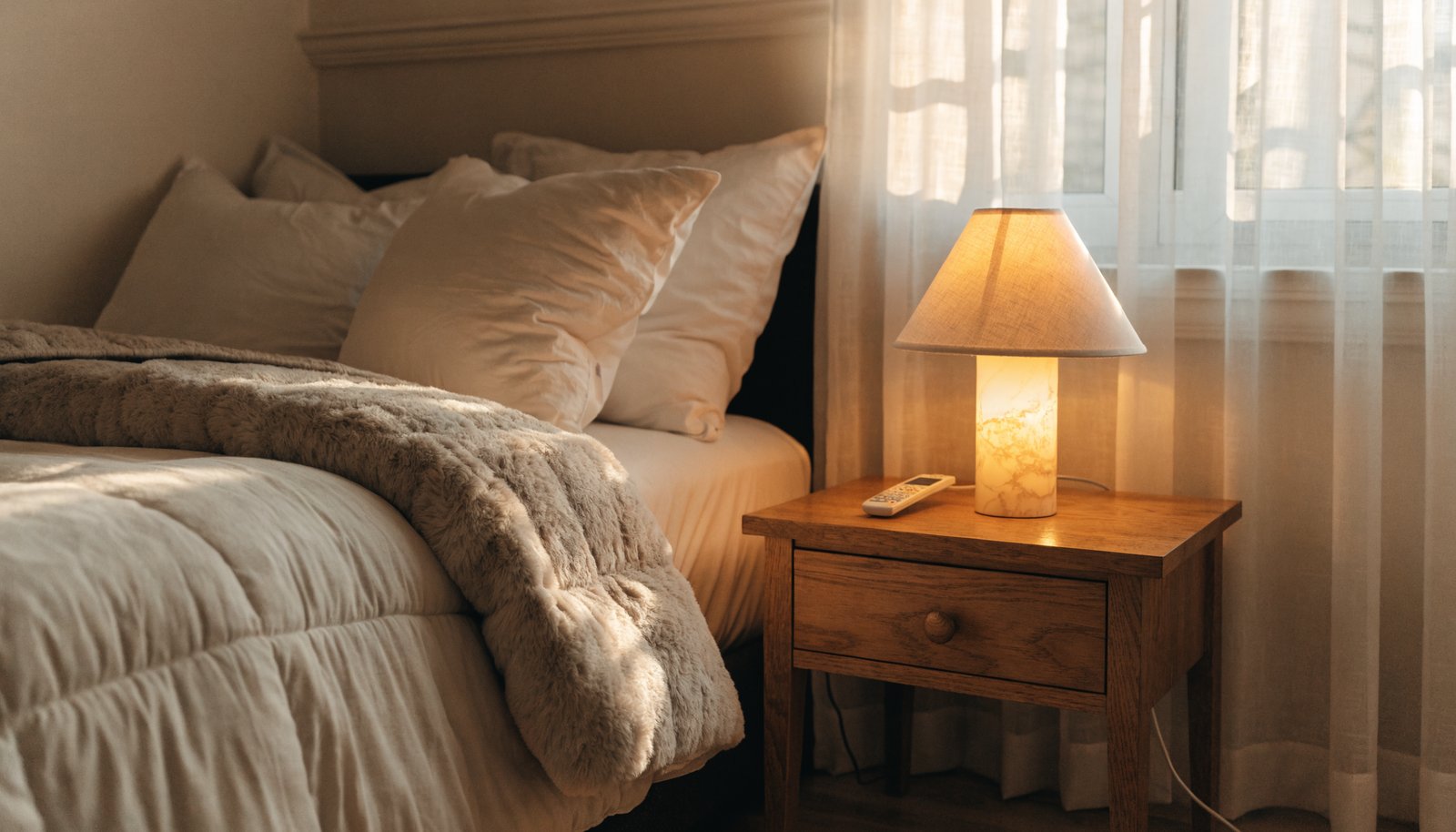 Cozy bed with plush winter bedding and a heated mattress pad remote on the nightstand