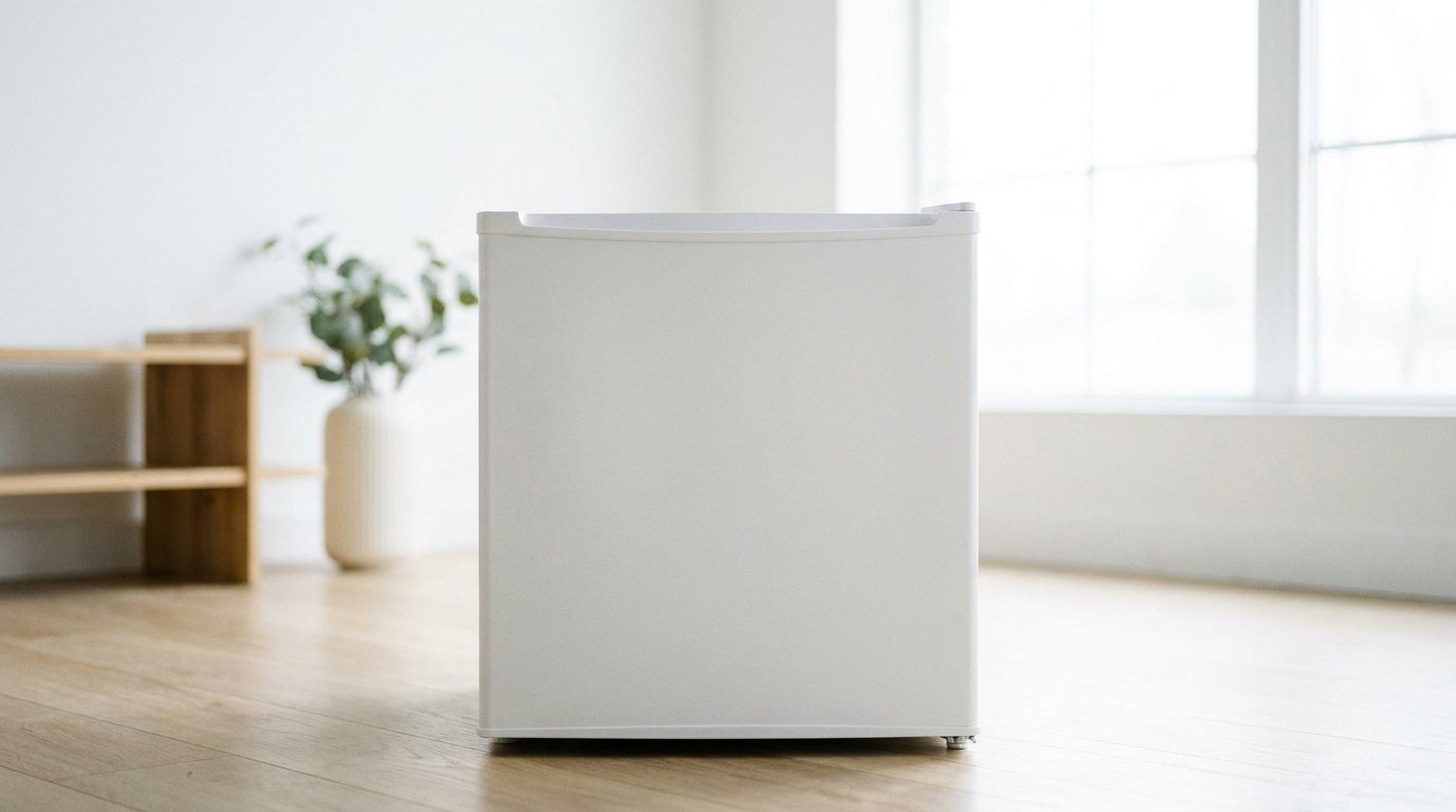 Compact white mini refrigerator in a bright minimalist room
