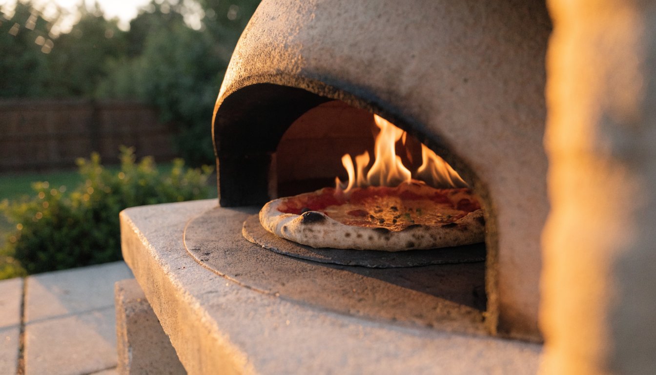 Outdoor pizza oven cooking a Neapolitan pizza with visible flames on a patio