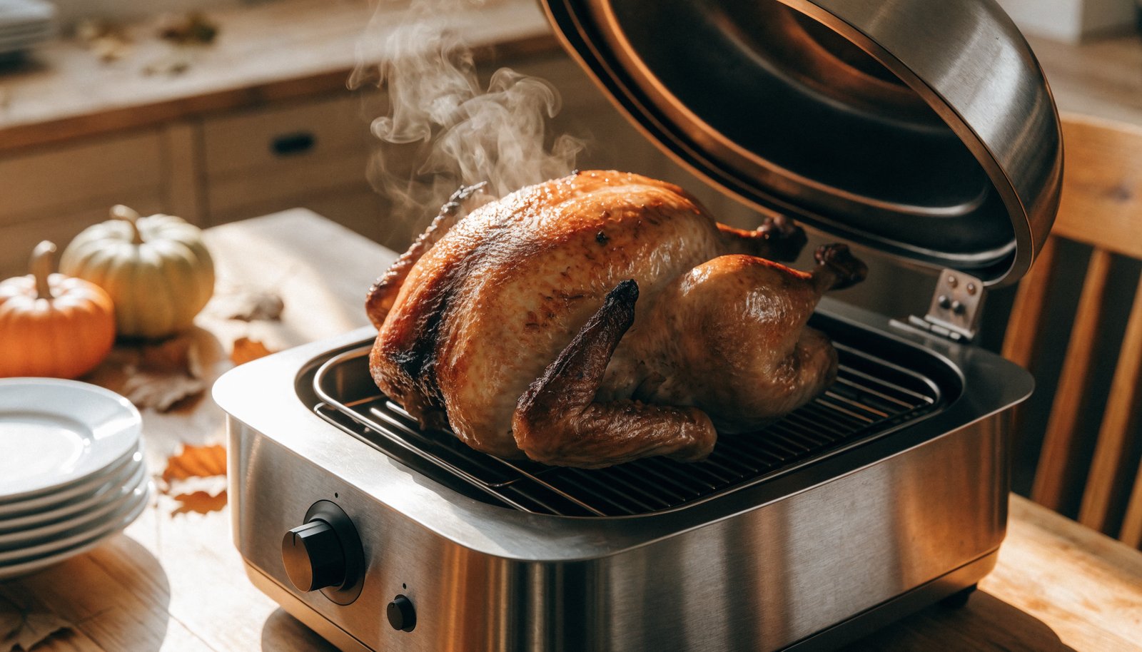 Stainless steel electric roaster oven with a golden roasted turkey in a cozy autumn Thanksgiving kitchen