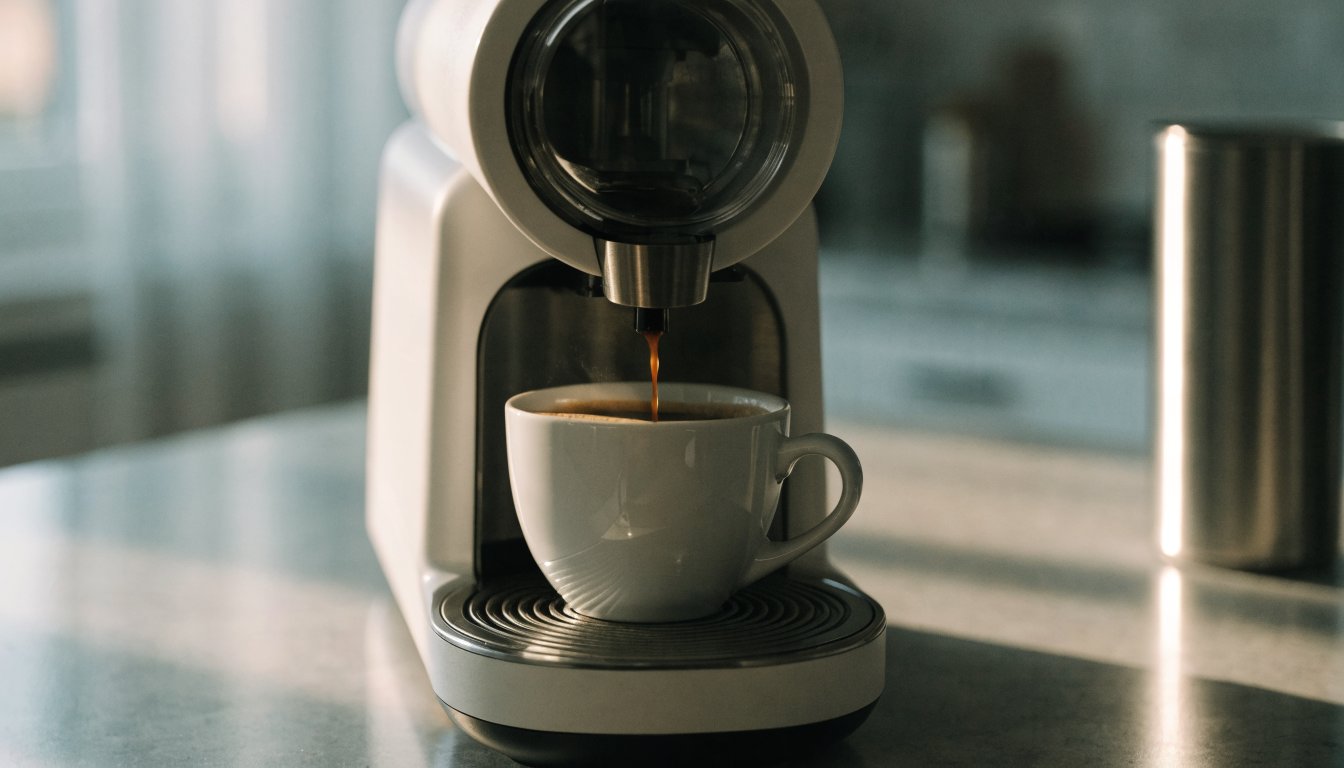 Single-serve pod coffee machine brewing a fresh cup on a kitchen counter