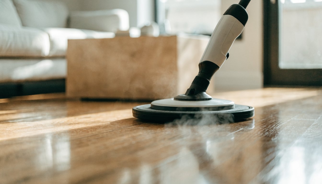 Steam mop cleaning a sealed hardwood floor with light steam rising