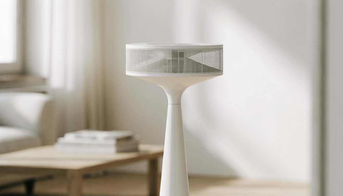 Modern white tower fan in a bright living room