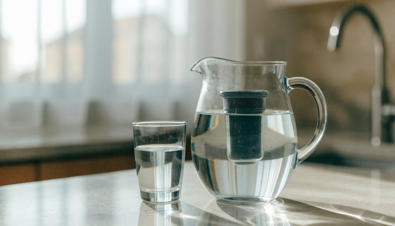 Clear water filter pitcher and a glass of clean water on a kitchen counter