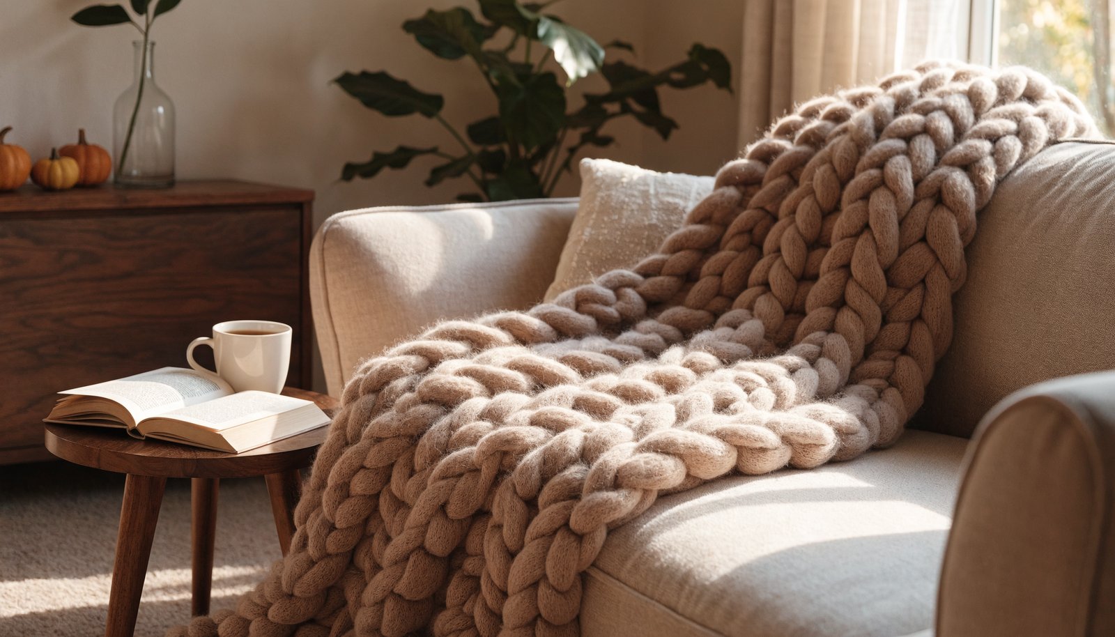 Chunky knit weighted blanket draped over a sofa in a cozy autumn living room