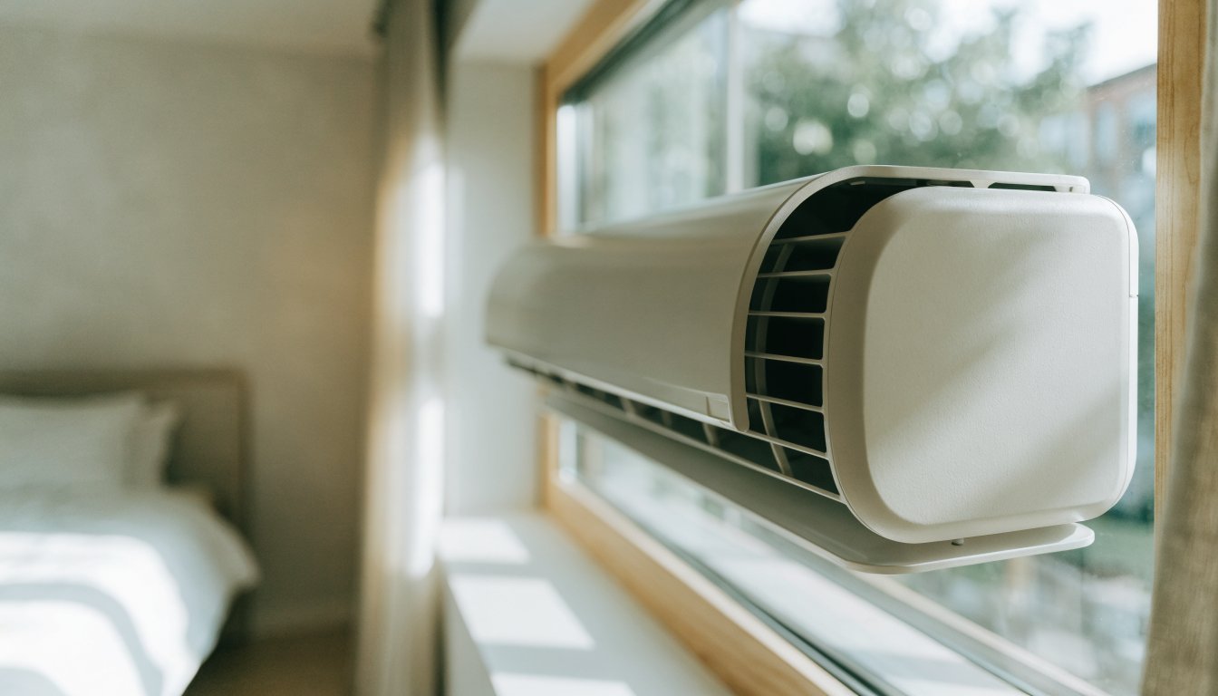 Modern window air conditioner installed in a bright bedroom window