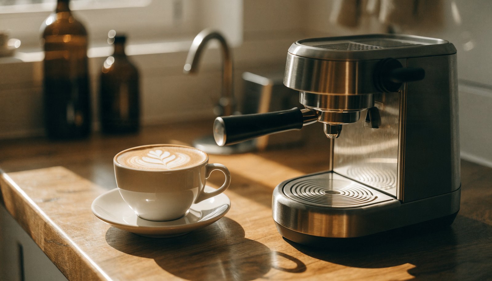 Compact home espresso machine beside a cappuccino with latte art