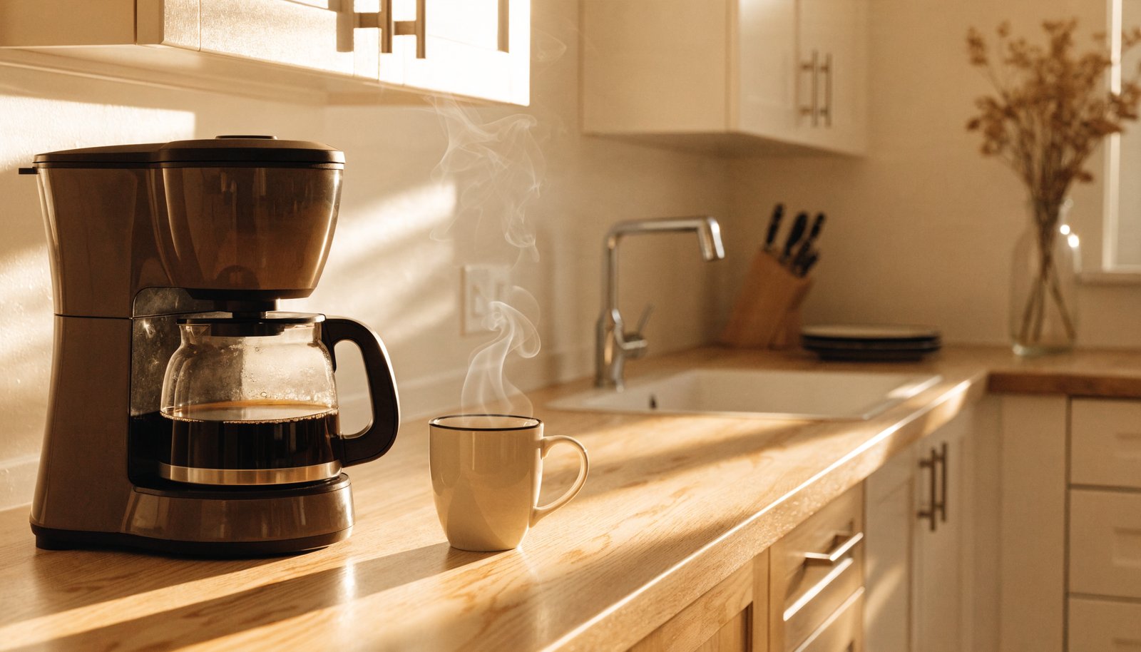 Drip coffee maker and a fresh mug of coffee on a sunny kitchen counter