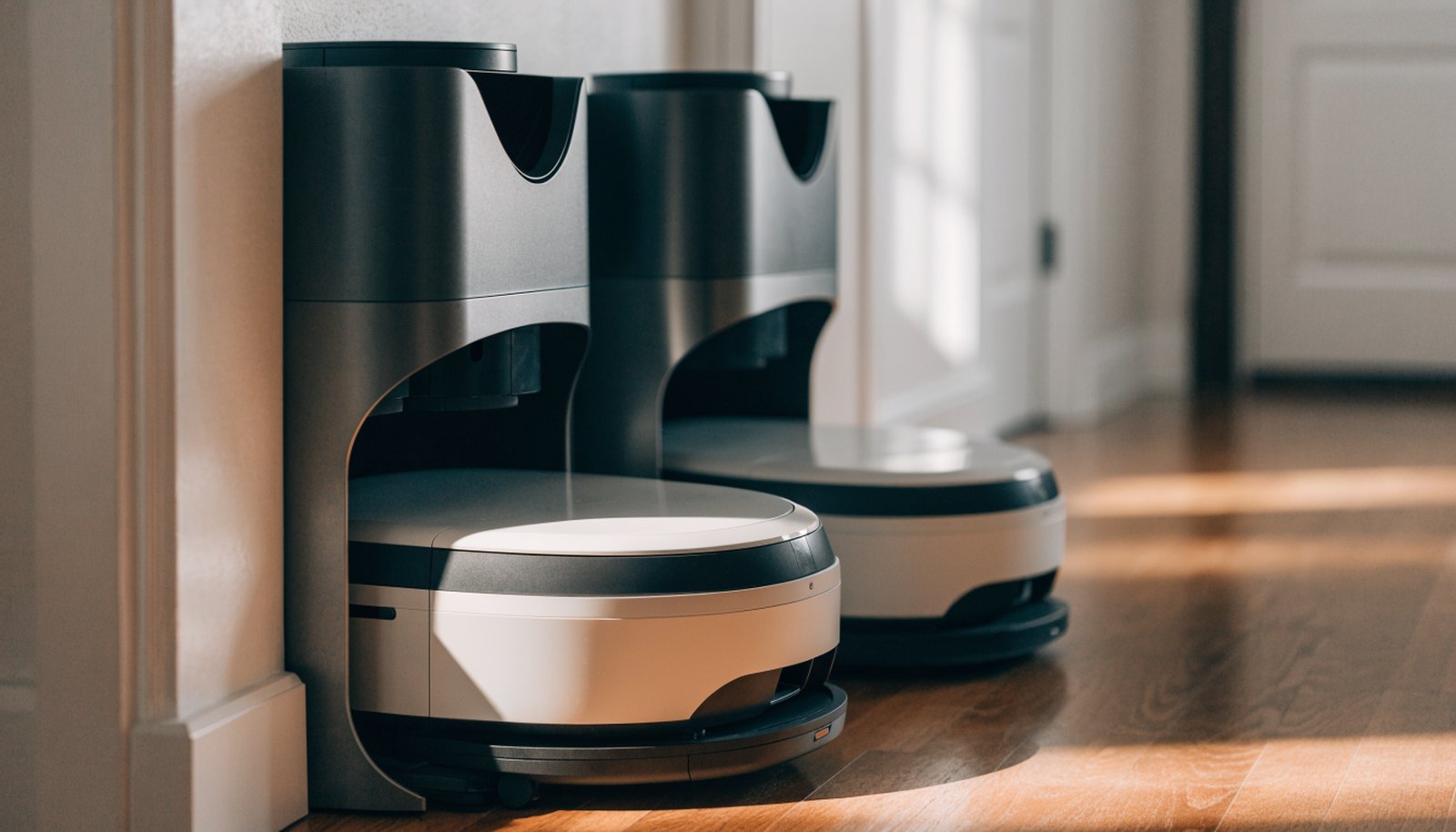 Two robot vacuum mops docked at self-emptying stations
