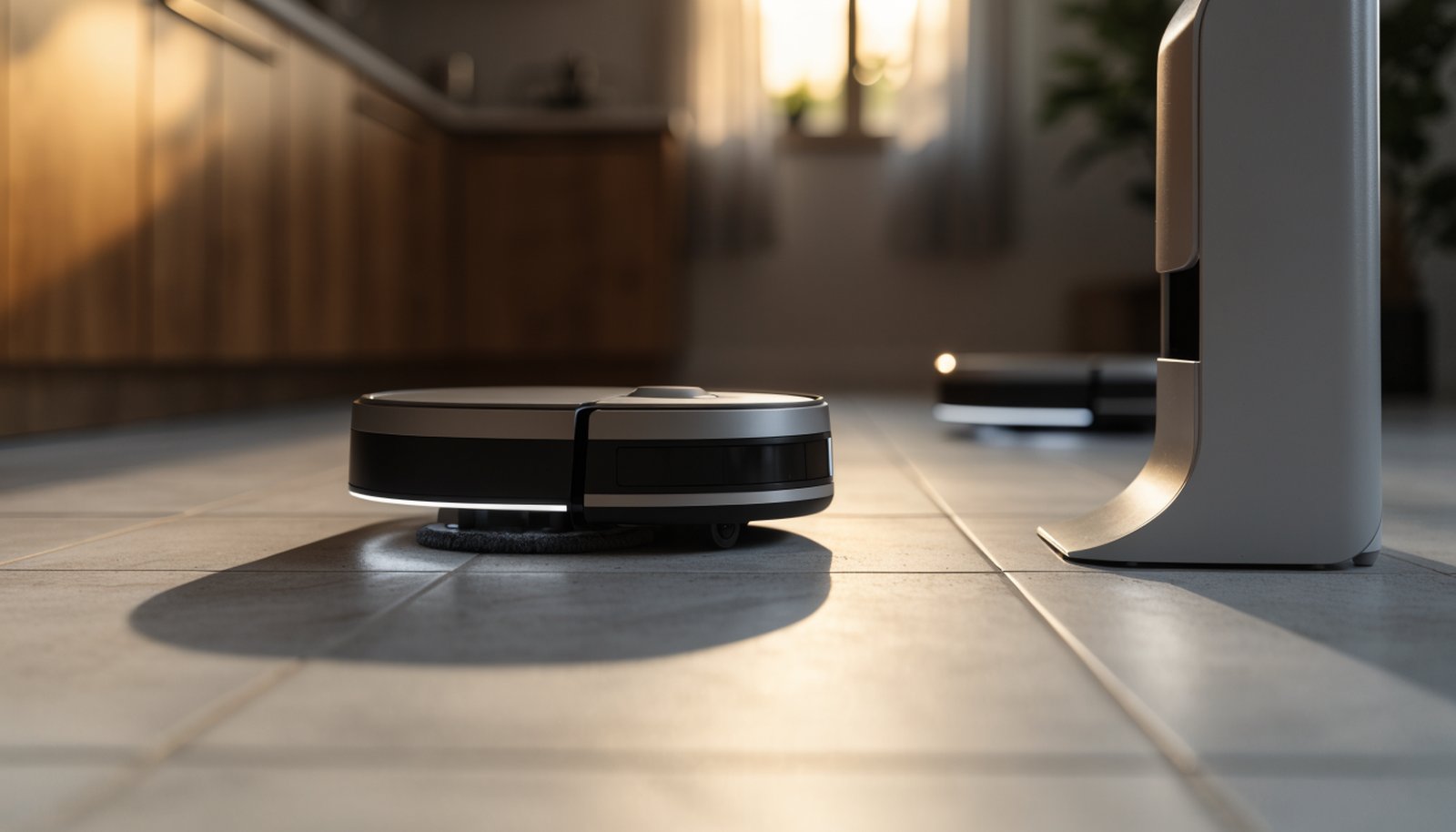 Robot vacuum mop crossing a tile kitchen floor toward its dock