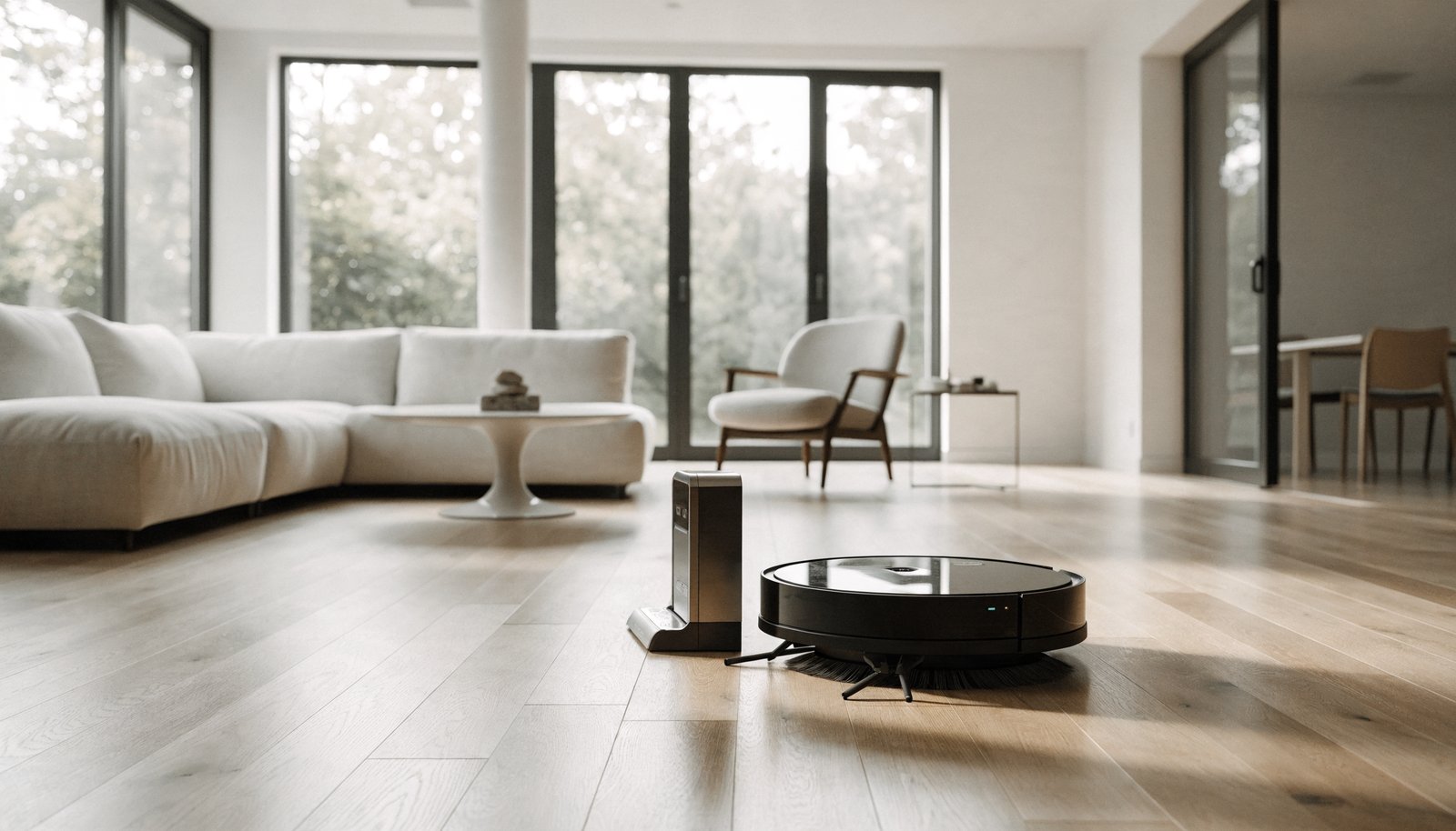 Robot vacuum cleaning a hardwood floor in a bright modern living room