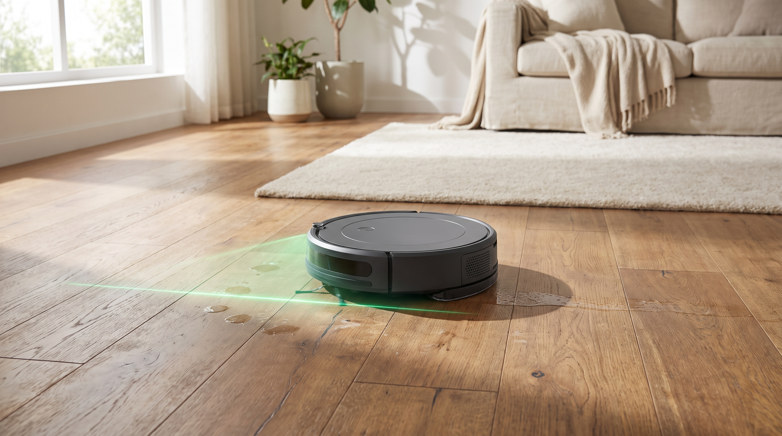 Robot vacuum with a green stain-detection light cleaning a hardwood floor