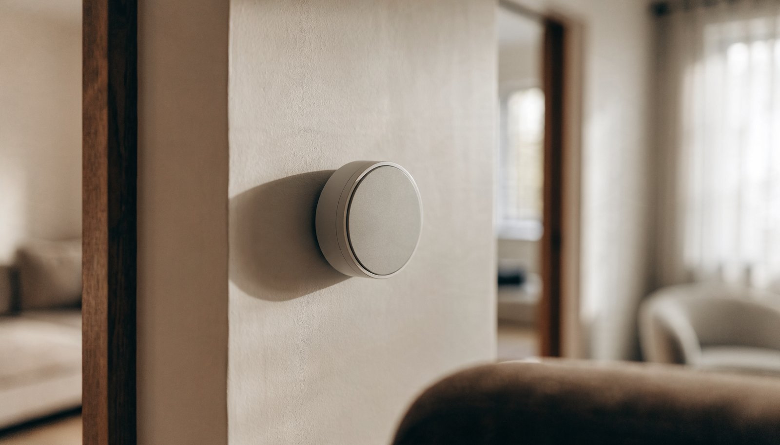 Sleek round smart thermostat mounted on a wall in a warm modern home