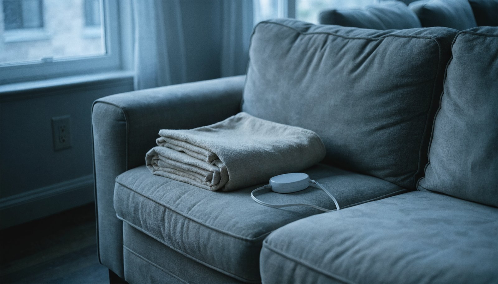 An electric heated throw folded on a sofa with its controller unplugged, illustrating a report on U.S. electric blanket recalls.