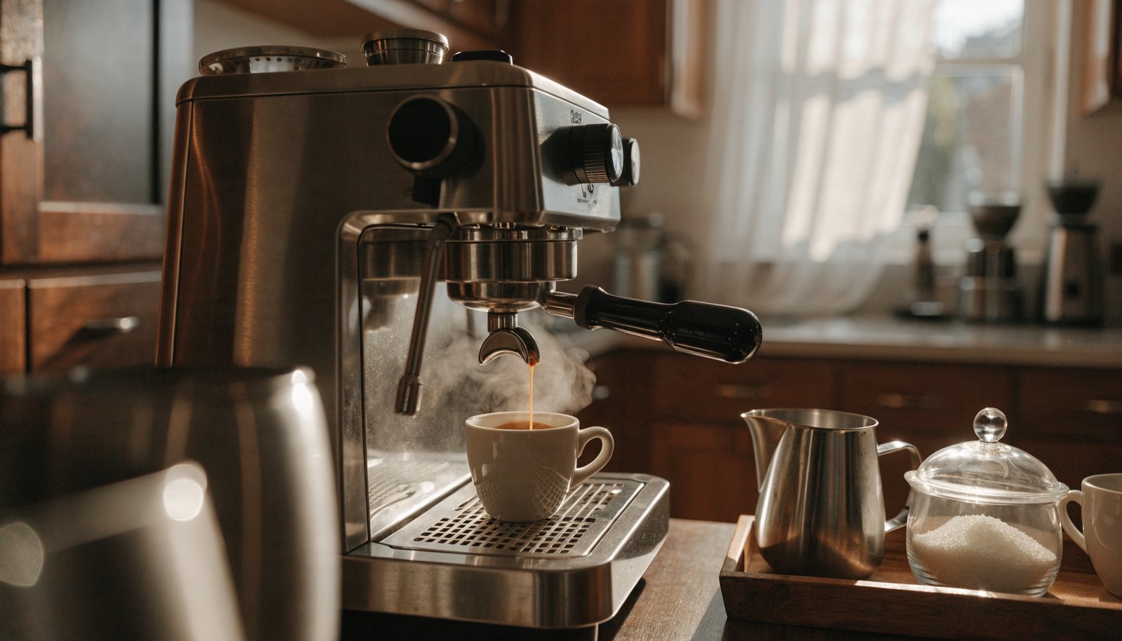 Espresso machine pulling a fresh shot of espresso with steam