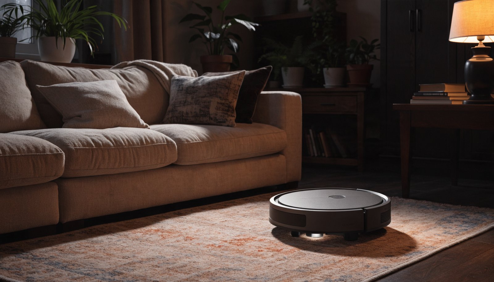 Round robot vacuum cleaning a rug in a cozy living room