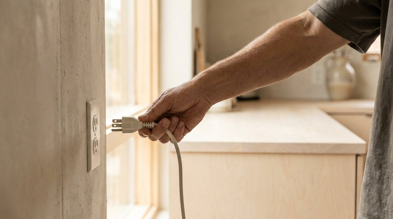 A hand unplugging an appliance power cord from a kitchen wall outlet