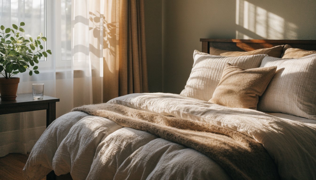 Cozy warm bed with soft blanket in a winter bedroom