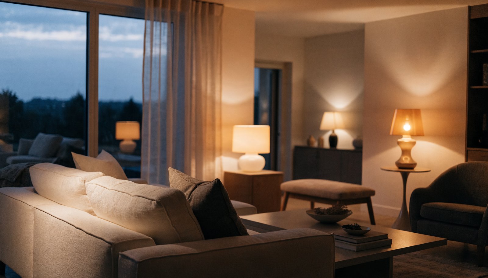 Cozy living room in the evening with warm lamp lighting, home energy and appliance running costs