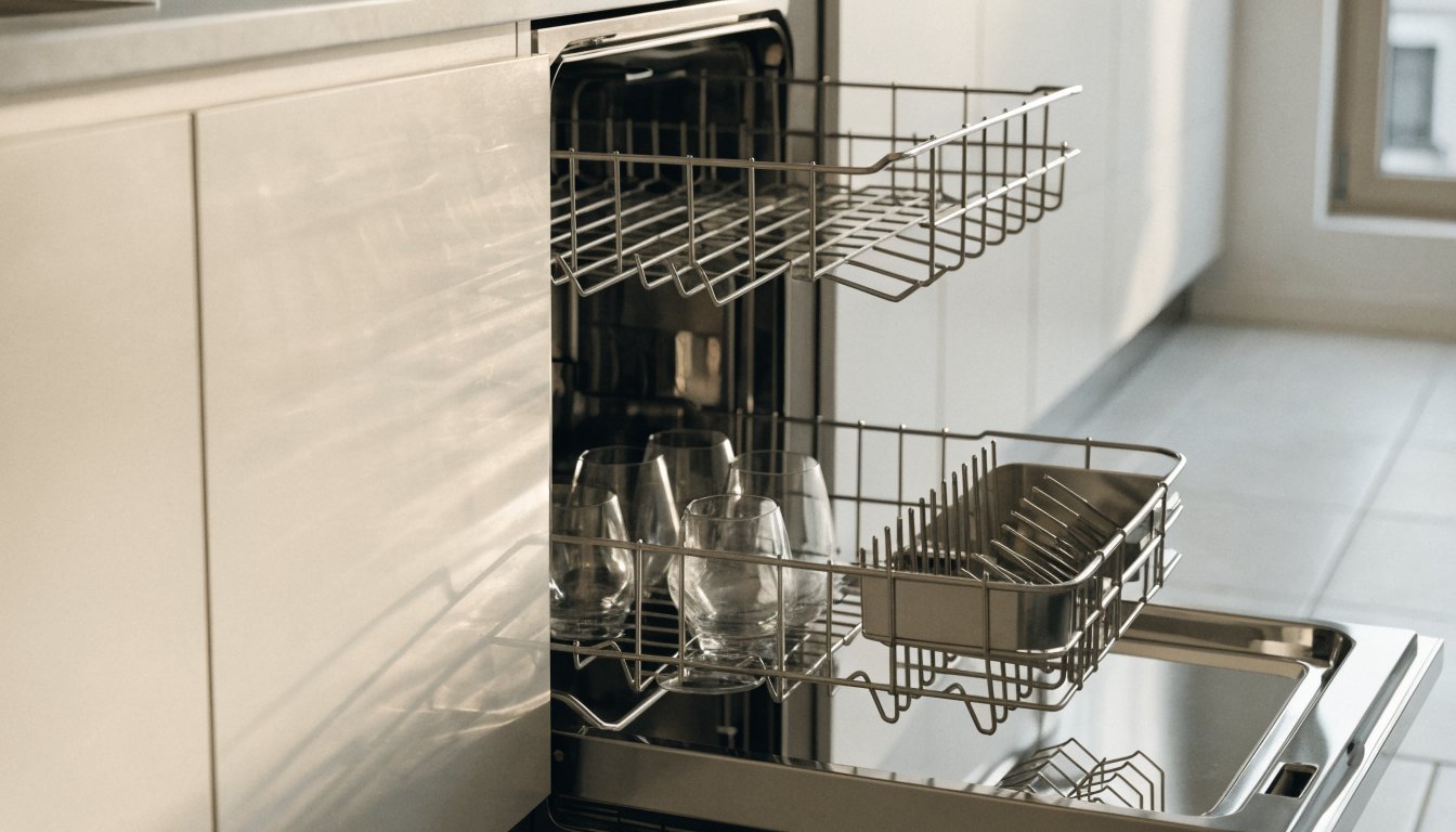Open stainless steel dishwasher with the racks pulled out in a modern kitchen