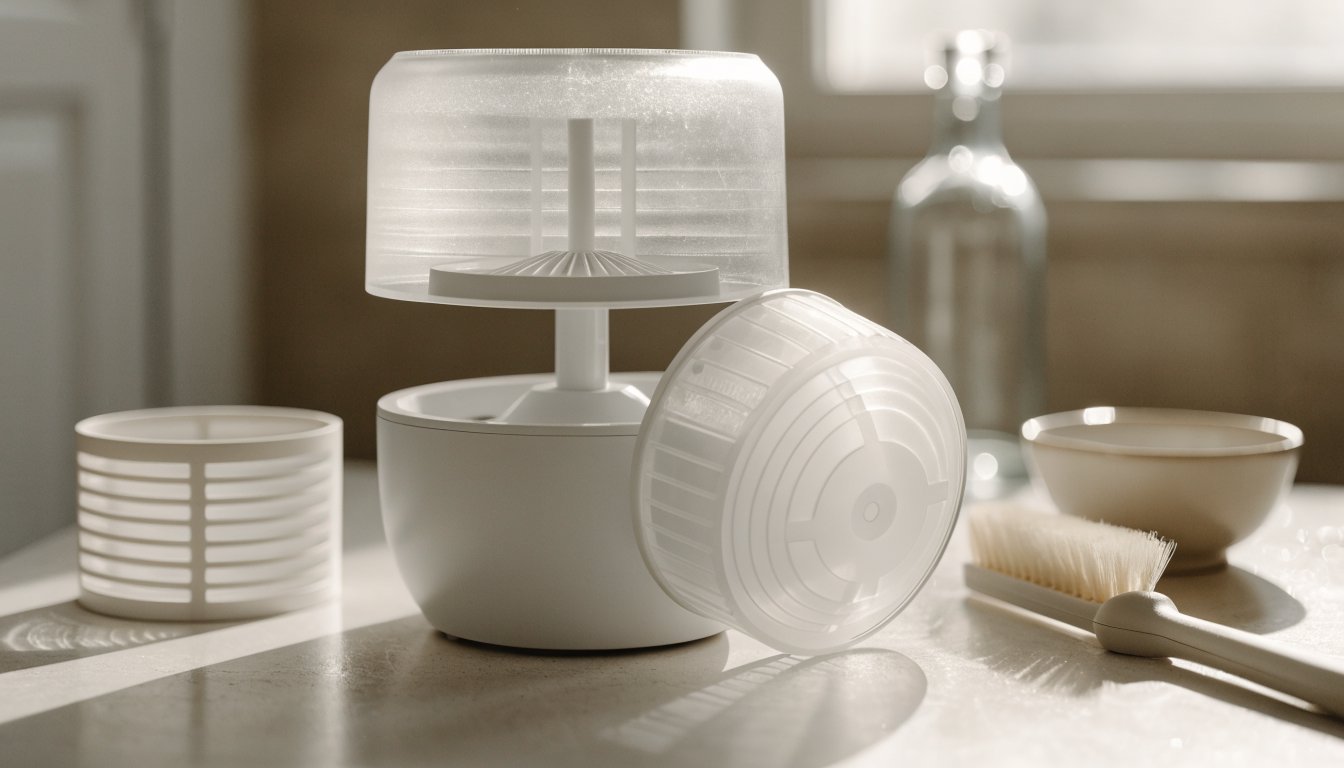 Clean cool-mist humidifier disassembled for cleaning with brush