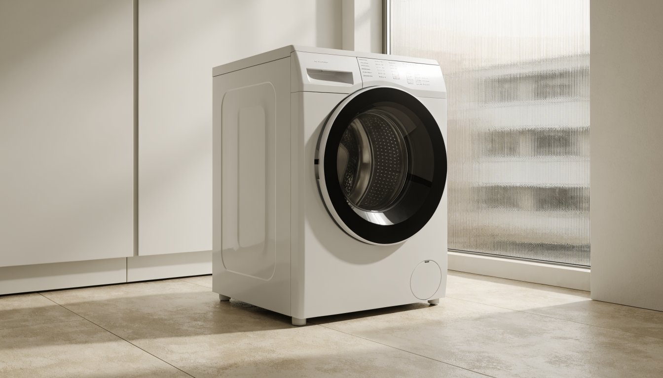 Modern white front-load washing machine in a bright laundry room